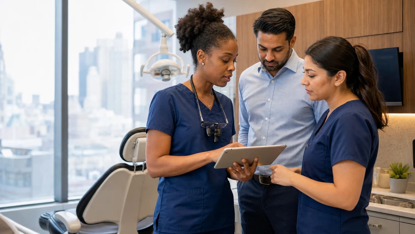 Illustrative diverse dental team reviewing a local marketing plan inside a Boston clinic